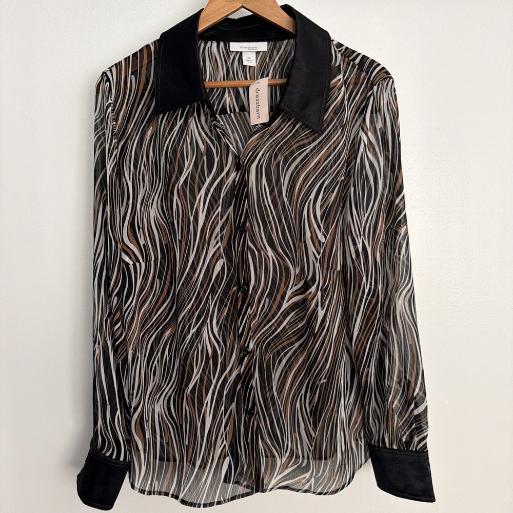 Dressbarn Brown Black Animal Print Sheer Button Blouse Sz 2X Long Sleeve Top